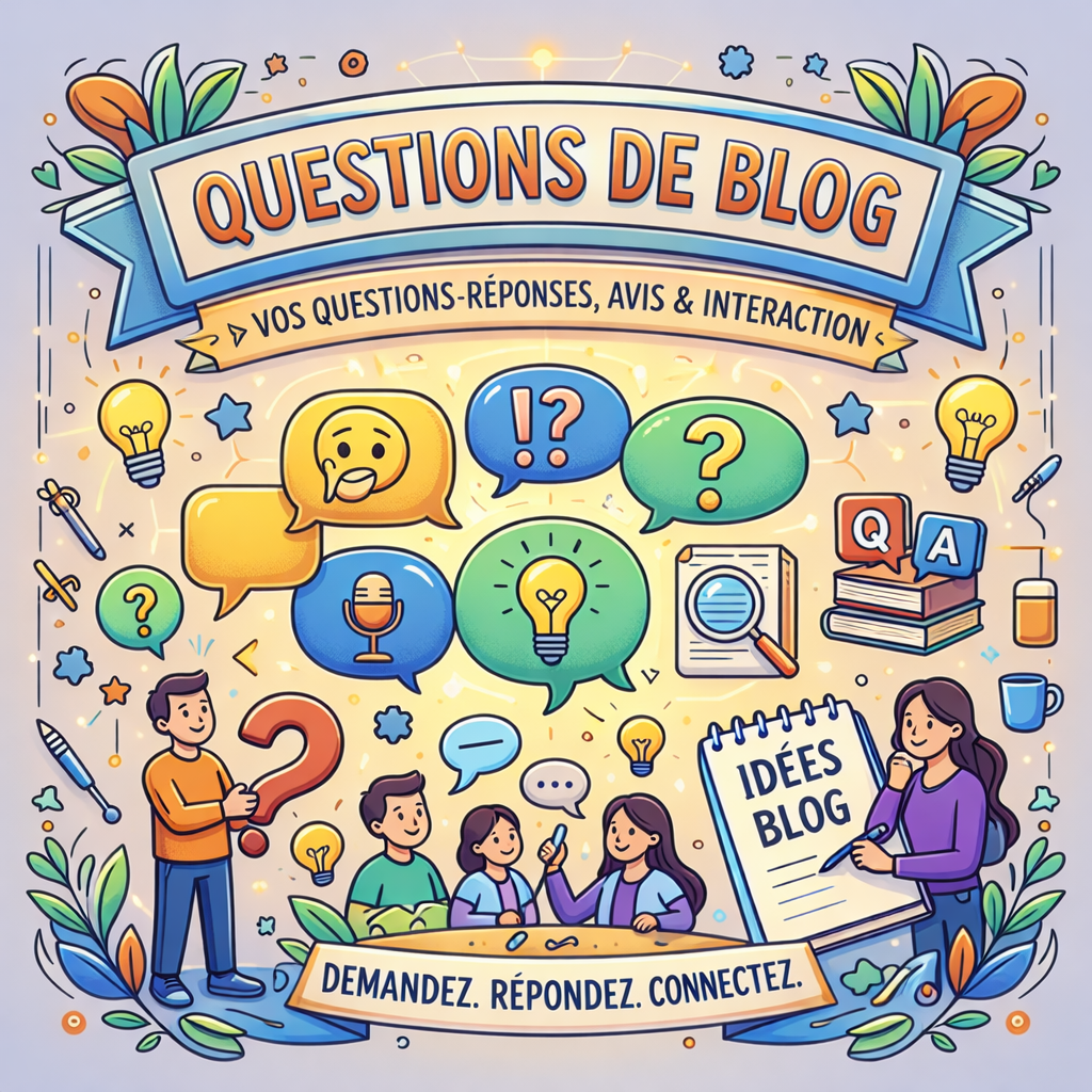 Illustration of people discussing blog questions with speech bubbles showing question marks and icons